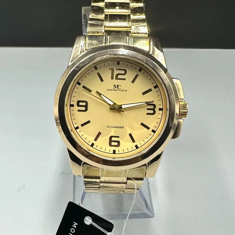 Montres Carlo Watch Men Gold Tone Round 43MM Case New Battery 8.75